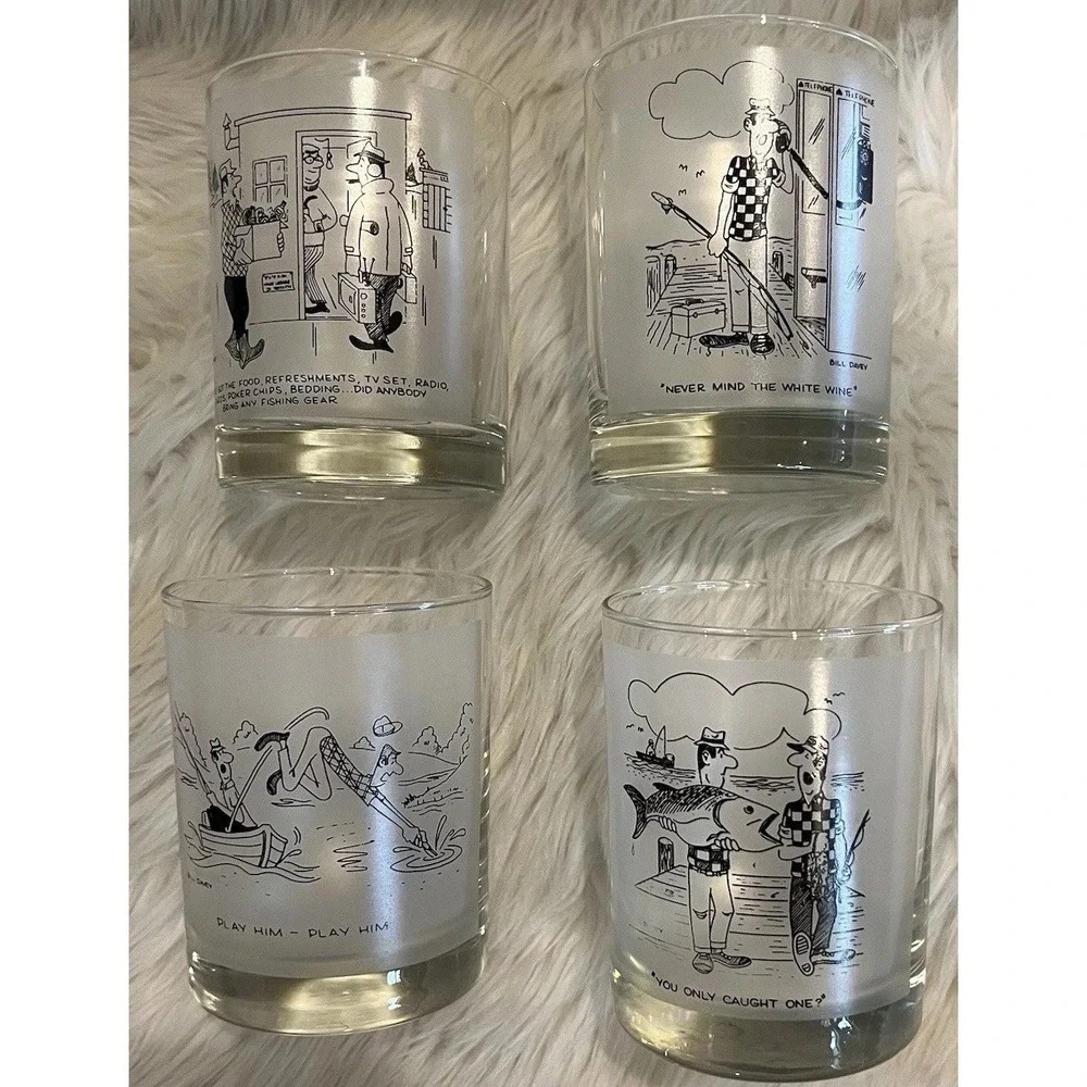 Vintage Bill Davey Fishing Cartoon Frosted Rocks Glasses Set of 4 Mid Century